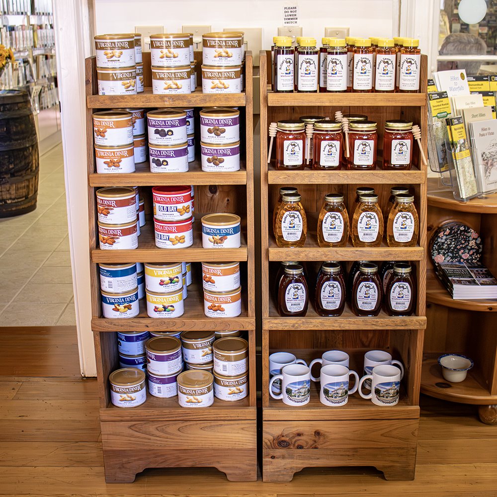 Honey and Peanuts_1 A wooden stand of Virginia Diner Peanuts and jars of honey in the Rocktown Gift Shoppe.