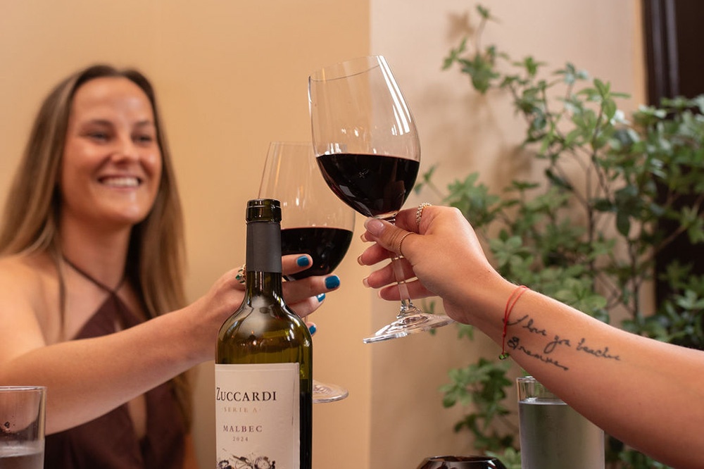 Two people raising red wine glasses for a cheers