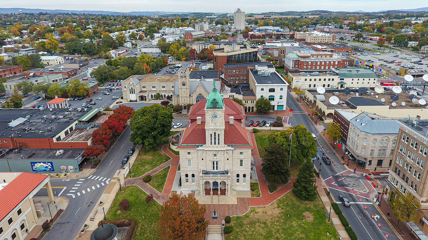 Ariel view of Court Square and Downtown Harrisonburg
