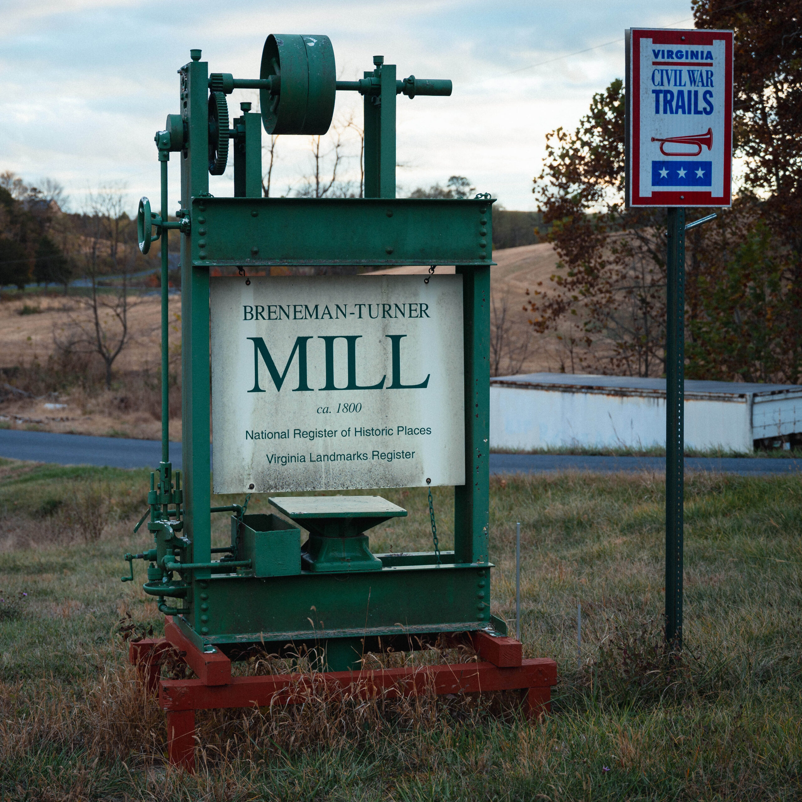 Breneman-Turner Mill sign. ca. 1800 National Register of Historic Places. Virginia Landmarks Register. Next to a Virginia Civil Wars Trail sign.