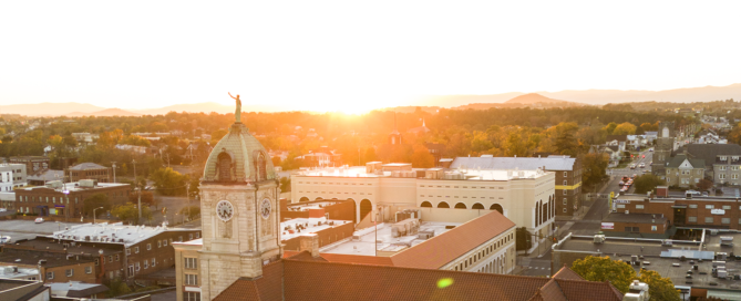 Drone photo about Court Square at sunset
