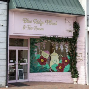 Blue Ridge Floral and Tea Room store front decorated for Valentine's Day