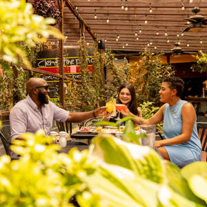 Three people eating on a patio giving a cheers with their drinks. Greenery from patio in the foreground.
